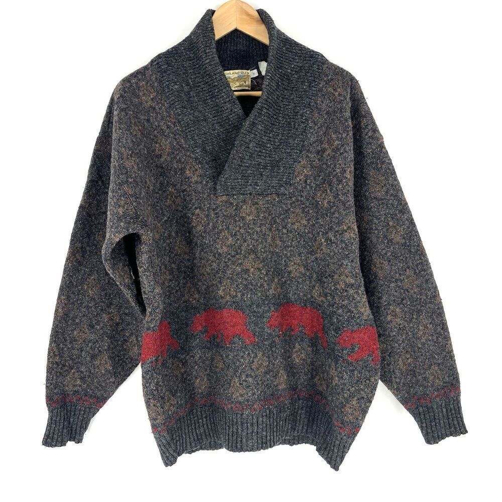 VTG Highland Glen Sweater Size Medium Mens Gray Red Bear Shawl Collar Scotland